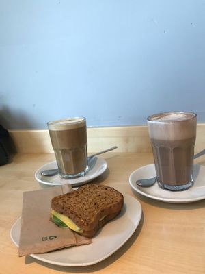 gluten free toastie!! also a fair trade hot chocolate and oat milk latte at Veganz in Berlin