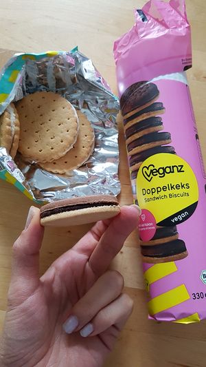 Two types of sandwich cookies produced by the store's own brand: "double chocolate" and "lemon cake". at Veganz in Berlin
