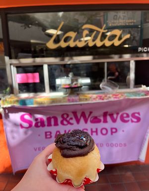Chocolate ube ensaymada   at San and Wolves in Long Beach