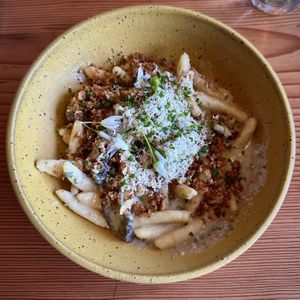 Cavatelli with potato pepper sauce, toasted breadcrumbs and mushrooms   at Feral in Portland