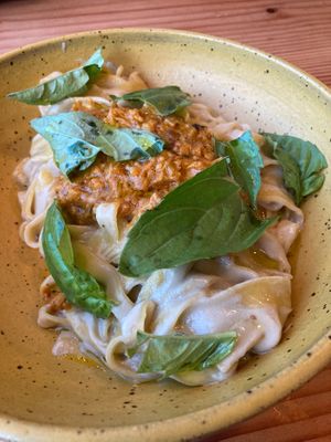 late July 2024 dinner - Fettuccine with Eggplant & Chestnut Mushroom at Feral in Portland