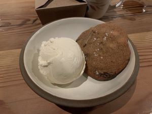 Vanilla ice cream with a hazelnut cookie  at Feral in Portland
