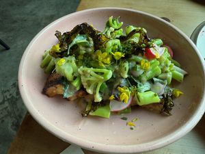 Smoked tofu with spring veggies at Feral in Portland