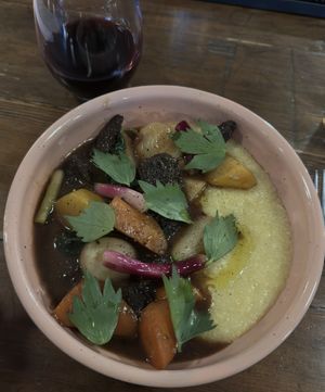Morels bourguignon and polenta $24 paired withh
Napoli vino da seta rosso   at Feral in Portland
