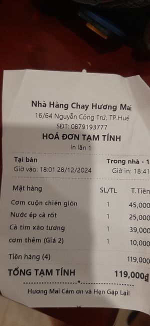 My bill at Huong Mai in Hue