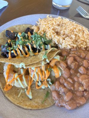 Taco Plate- Mushroom Al Ajillo & Shrimp w/ Rice & Beans  at PlanTita's Kitchen in Long Beach