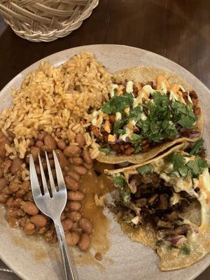 Taco plate, al pastor and carne asada   at PlanTita's Kitchen in Long Beach