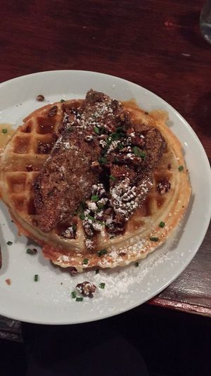 vegan chicken n waffles! at The Grange in Providence