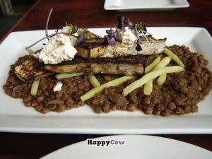 Large plate: Eggplant with tahini/cashew paste on a bed of lentils and green beans at The Grange in Providence