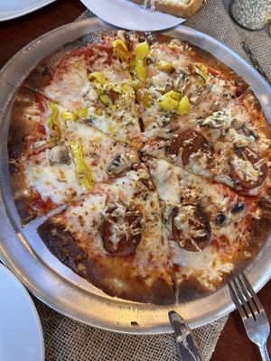 Vegan Pizza, mushroom pepperoni & peppers  at Paw Paw Pizza Co. in Paw Paw