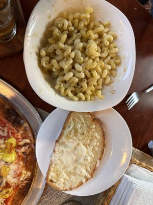 Baked vegan Mac n Cheeze w/ garlic breadd  at Paw Paw Pizza Co. in Paw Paw