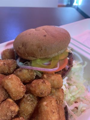 mushroom burger and tots!!!   at Veg.Edible in Omaha