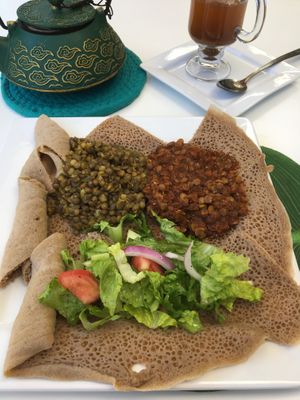 Small Veggie Sampler (Green Lentils and Miser Wot) at Lulu EthioVegan in Minneapolis