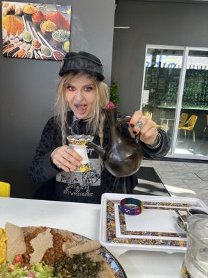 coffee served traditionally with incense   at Lulu EthioVegan in Minneapolis