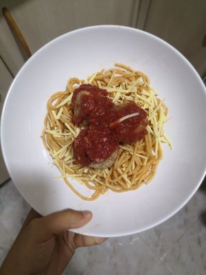 Spaghetti and meatballs (my plating skills aren't the best but this was deliciousl at Vegetart Cuina Vegana in Barcelona