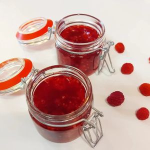 In-house raspberry jelly.  at Church Stay Alberta in Mannville