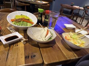 Oshinko appetizer, vegetable bun, green saladd  at KAWA in Springfield