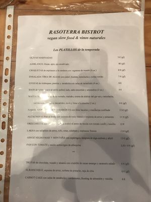 Menu at Rasoterra in Barcelona