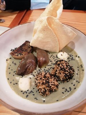 Curry eggplants with chickpeas ice cream and papadums at Rasoterra in Barcelona