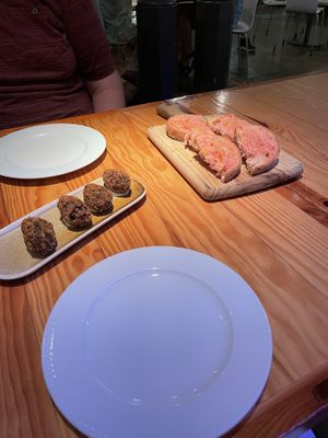 Spinach croquetas and pan con tomato  at Rasoterra in Barcelona