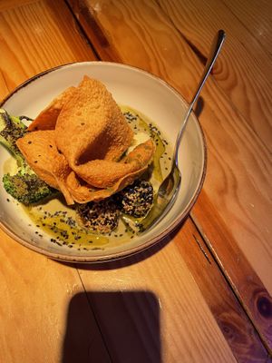 Green broccoli curry with chickpea ice cream (!)  at Rasoterra in Barcelona