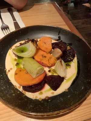Roasted km 0 veggies on hummus   at Rasoterra in Barcelona