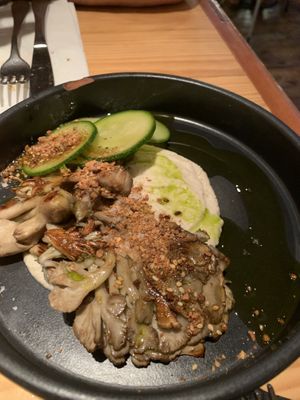 Roasted Oyster mushroom with hummus and zucchini topped with cilantro infused olive oil   at Rasoterra in Barcelona