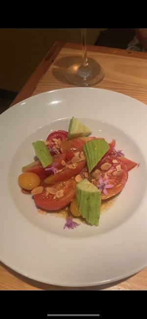 Tomato salad with cucumber and roasted almonds   at Rasoterra in Barcelona
