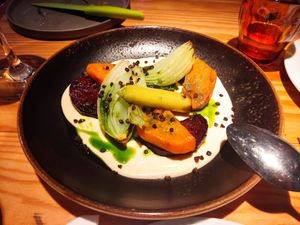 Roasted roots with bean cream at Rasoterra in Barcelona