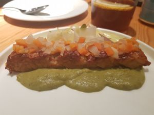 Homemade almond tempeh at Rasoterra in Barcelona