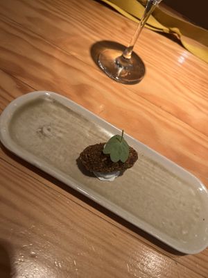 Catalan spinach croquette with wasabi Mayo, loaded with delicious toasted pine nuts. Wish I had ordered more than one of these!  at Rasoterra in Barcelona