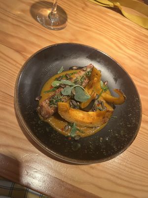 Almond tempeh and Kabocha in pumpkin sauce  at Rasoterra in Barcelona
