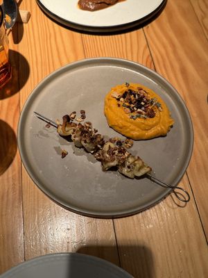 Celeriac skewer w carrot cream  at Rasoterra in Barcelona