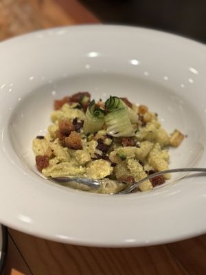 Pasta with ricotta olives and croutonss  at Rasoterra in Barcelona