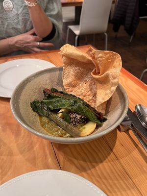 Curry with sesame rice balls, papadaum, Swiss chard and potatoes #Veganuary at Rasoterra in Barcelona
