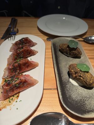 Beetroot gyozas and spinach croquettes  at Rasoterra in Barcelona