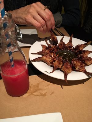 artichokes and fresh watermelon juice  at Rasoterra in Barcelona