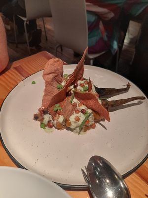 Aubergine, roasted chick peas and other stuff.  Fabulous. at Rasoterra in Barcelona