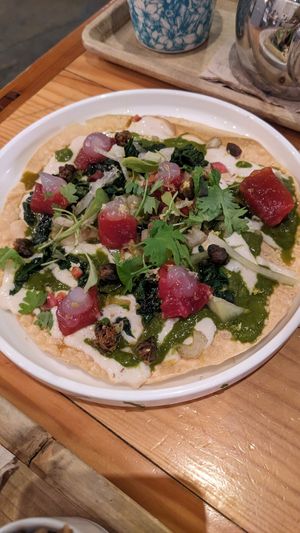 Marinated watermelon on flatbread (to die for!!) at Rasoterra in Barcelona