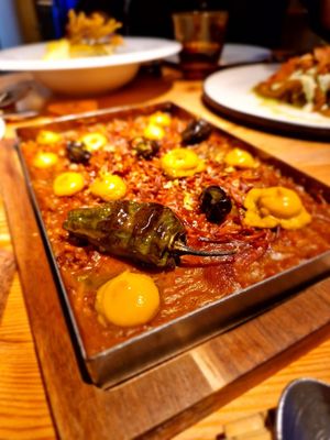 FIDEUÀ (traditional vegetable and short toasted noodle dish), okra, yellow pepper allioli  at Rasoterra in Barcelona