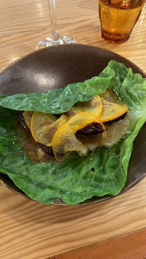 Baked purple sweet potato, persimmons, pointed cabbage, Vall d’Aran mustard vinaigrette  at Rasoterra in Barcelona