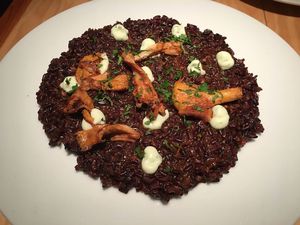 black rice with galician mushrooms and algae at Rasoterra in Barcelona