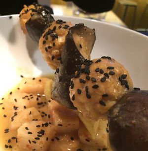 Tempeh & aubergine skewer  at Rasoterra in Barcelona