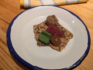 Entrée : seed cracker with spreads, fresh veg and Olive pearls at Rasoterra in Barcelona