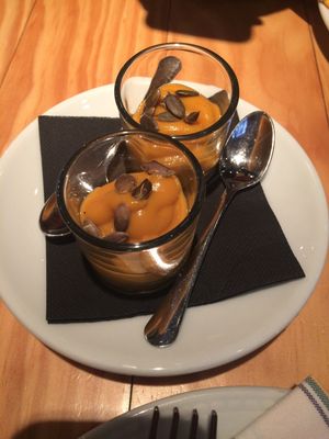 Apéritif included with the meal - sweet potato pumpkin purée.  at Rasoterra in Barcelona