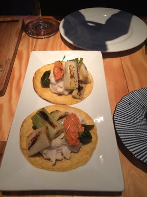 Vegan tacos - white bean purée, grilled vegetables. Not the best thing they had on the menu.  at Rasoterra in Barcelona