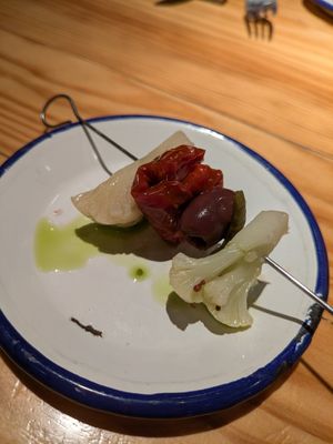 Pickled veggie skewer at Rasoterra in Barcelona