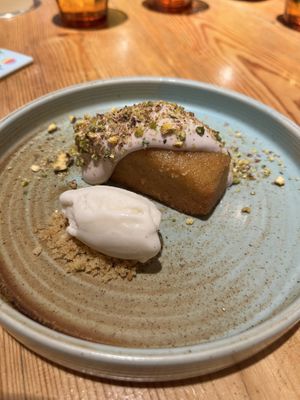 Sponge cake, strawberry cream, vanilla ice cream and pistachios  at Rasoterra in Barcelona
