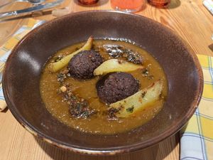 ‘Meat balls’ potato’s in a brown sauce! Amazing   at Rasoterra in Barcelona