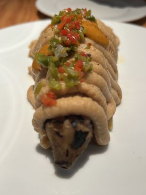 ALBERGINIA blanca escalivada, toffee de cigró pedrosillano, sanfaina, farinata, oli de nyora i llimona  at Rasoterra in Barcelona